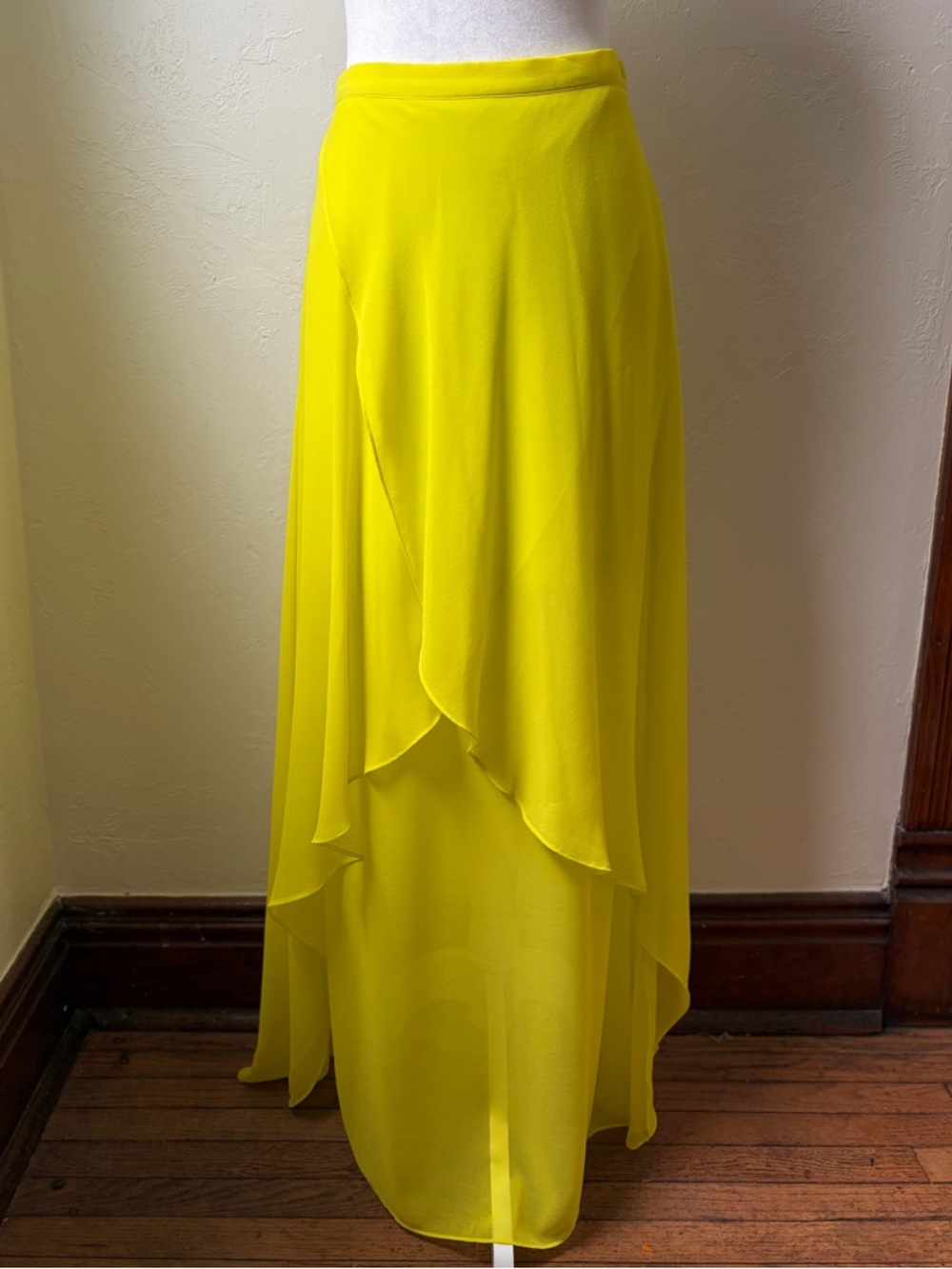 Bebe Neon Yellow Asymmetrical Maxi Skirt Sheer Overlay High Low Size 6